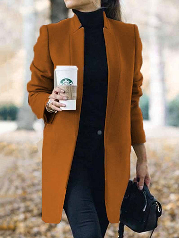 flowersverse Long Sleeves Solid Color Split-Joint Stand Collar Outerwear Woolen Coat