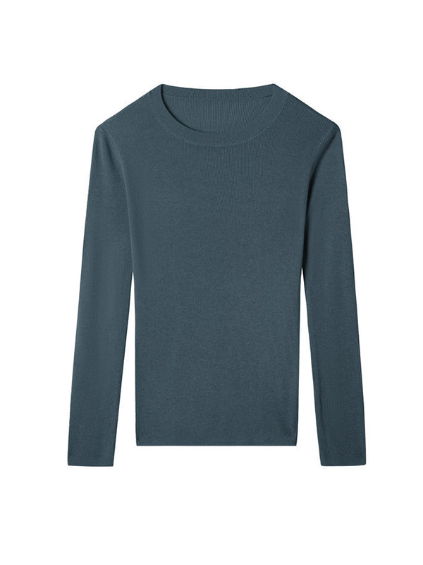 flowersverse Solid Color Long Sleeves Skinny Round-Neck Sweater Tops Pullovers Knitwear