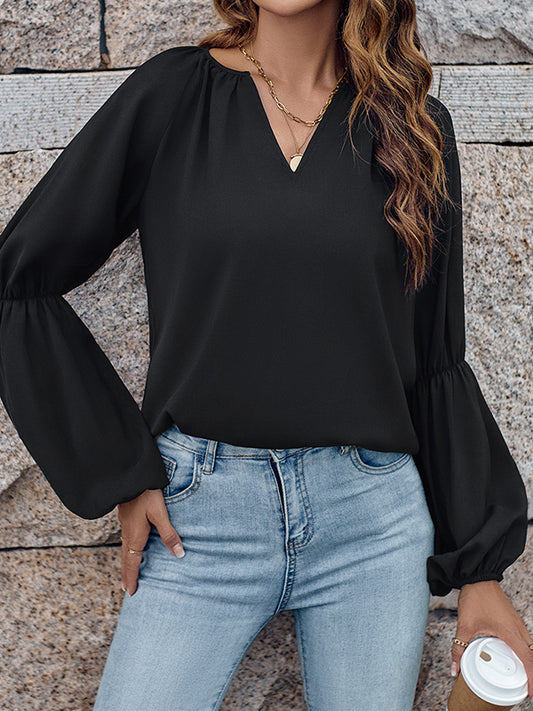 flowersverse Solid Color Loose V-Neck Blouses&Shirts Tops