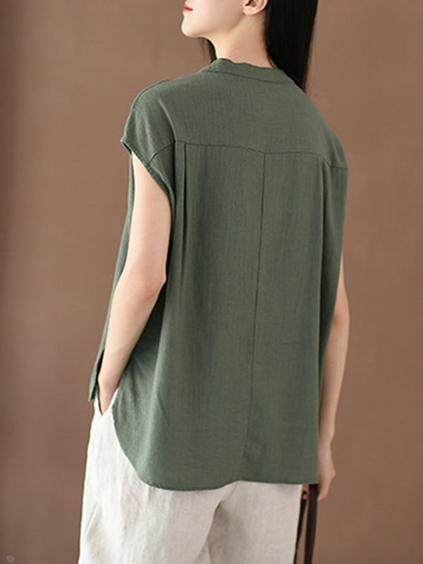 flowersverse Solid Color Cap Sleeve High-Low Stand Collar Blouses&Shirts Tops