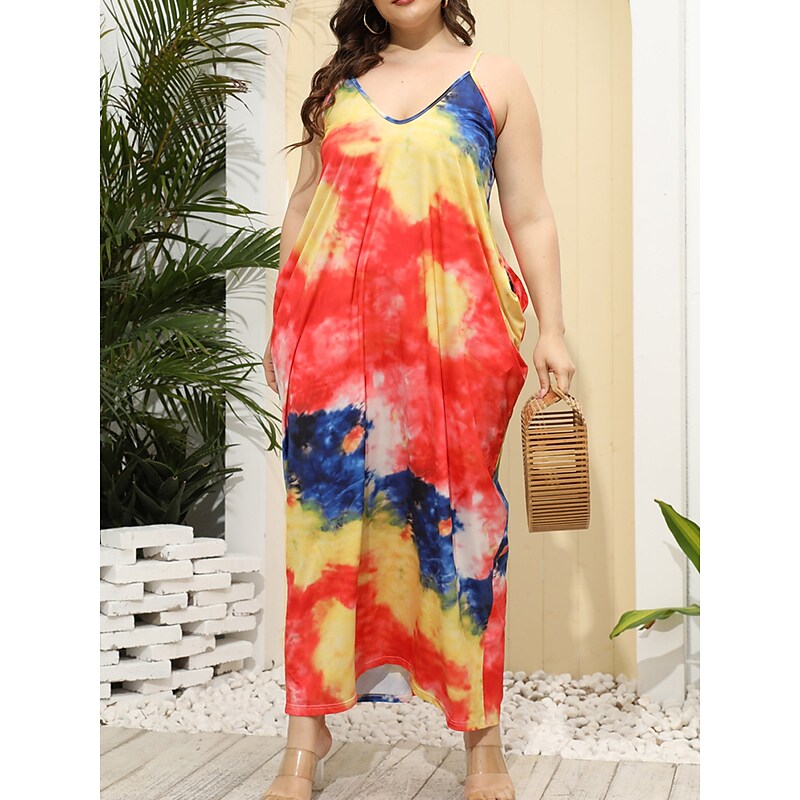 flowersverse Women's Plus Size Casual Dress Shift Dress Slip Dress Leaf Tie Dye Long Dress Maxi Dress Sleeveless Pocket Print Strap Fashion Daily Light Yellow White Spring Summer XL XXL 3XL