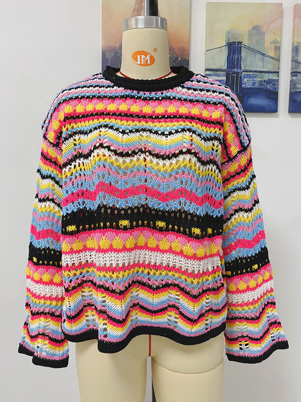 flowersverse 4 Colors Loose Contrast Color Round-Neck Sweater Top