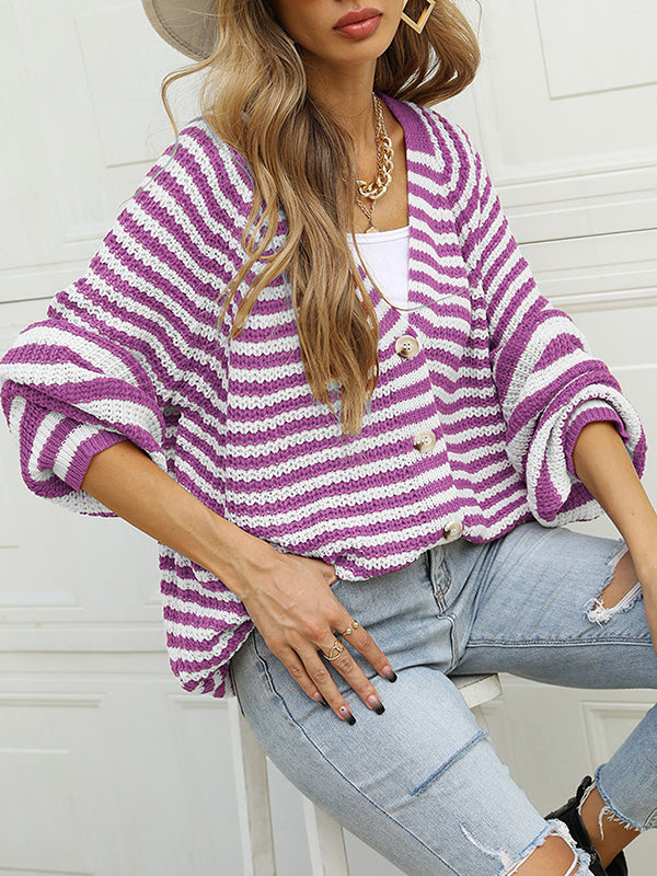 flowersverse Casual Loose Long Sleeves Striped V-Neck Cardigan Tops