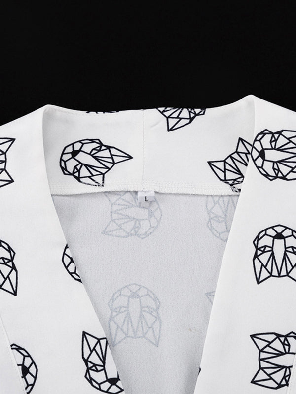 flowersverse Loose Printed Long Sleeves Tied Waist Robes + High-Waisted Short Bottom Robes Pajama Sets
