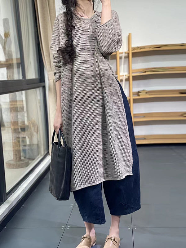flowersverse Asymmetric Hollow Split-side Long Sleeves Loose Round-neck Sweater Tops