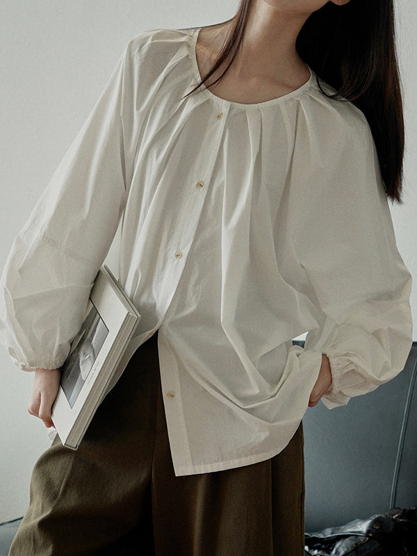 flowersverse Buttoned Elasticity Pleated Solid Color Bishop Sleeve Long Sleeves Round-Neck Blouses&Shirts Tops