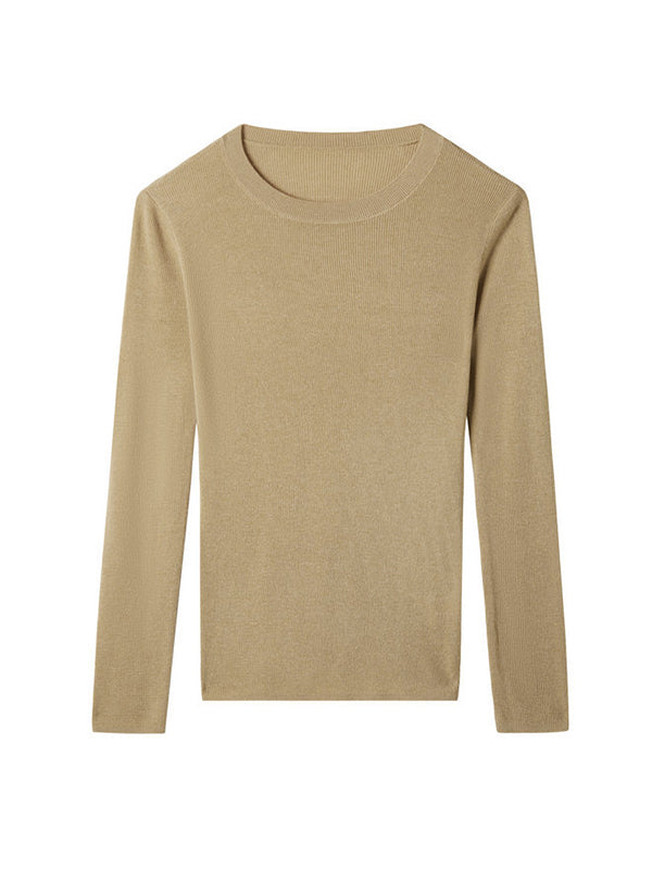 flowersverse Solid Color Long Sleeves Skinny Round-Neck Sweater Tops Pullovers Knitwear