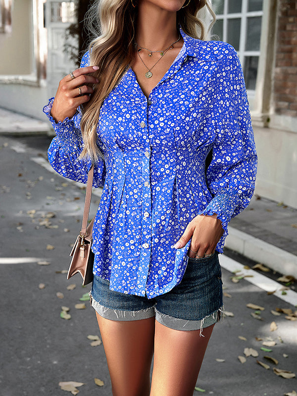 flowersverse Buttoned Elasticity Flower Print Pleated Bishop Sleeve Long Sleeves Lapel Blouses&shirts Tops