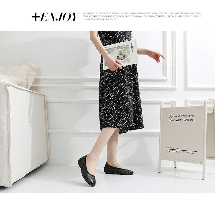 flowersverse Spring Genuine Leather Flat Summer Shoes Women Casual Hollow Breathable Soft Bottom Ladies Flats Plus Size 35-43