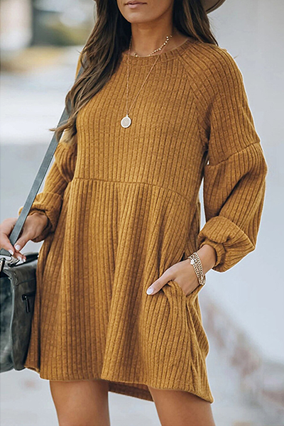 flowersverse Casual Solid Pocket O Neck A Line Dresses(3 Colors)