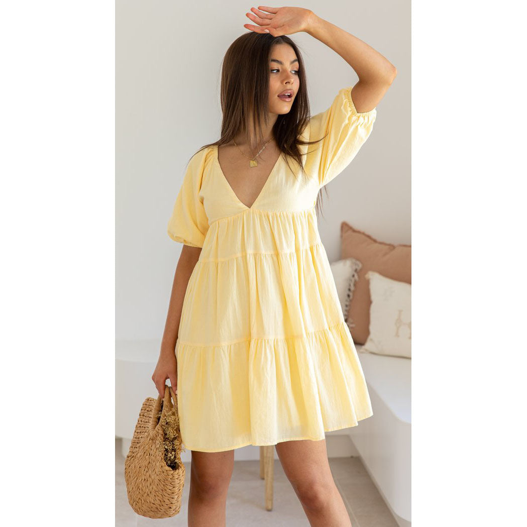 flowersverse Urban Casual Women's Short Sleeve V-Neck Big Swing Dress