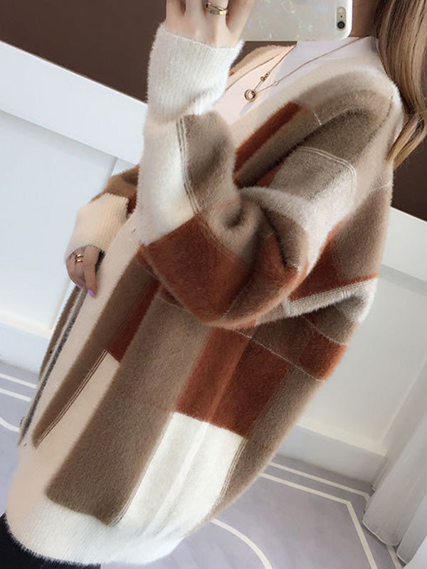 flowersverse Casual Long Sleeves Loose Buttoned Contrast Color Plaid Deep V-Neck Sweater Tops Cardigan Coats