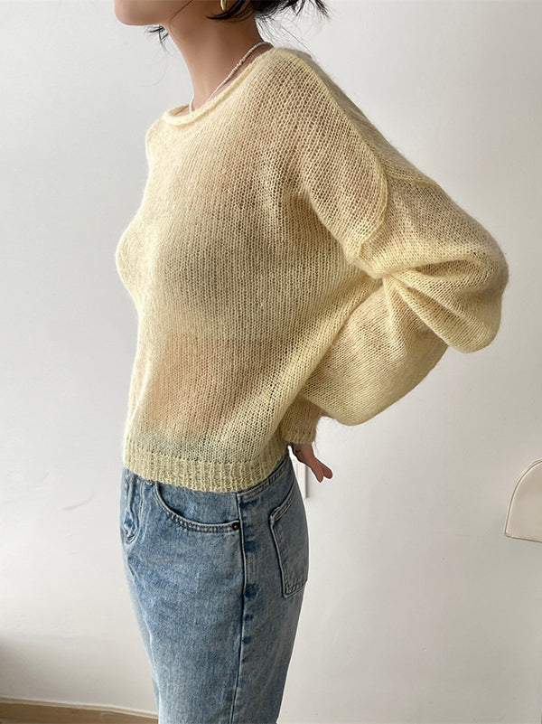 flowersverse Gentle Mohair Knitted Loose Long Sleeves Solid Color Thin Sweater Tops