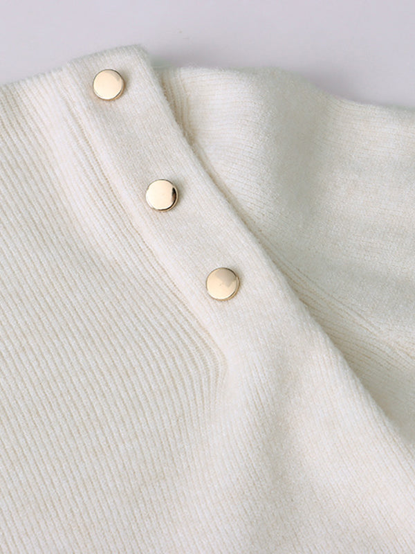 flowersverse Buttoned Split-Joint Long Sleeves High-Neck Sweater Tops