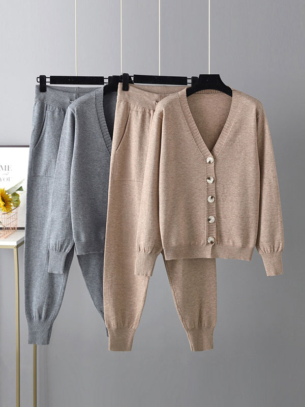 flowersverse Casual Loose Solid Color V-Neck Cardigan Tops & Harem Pants Two Pieces Set
