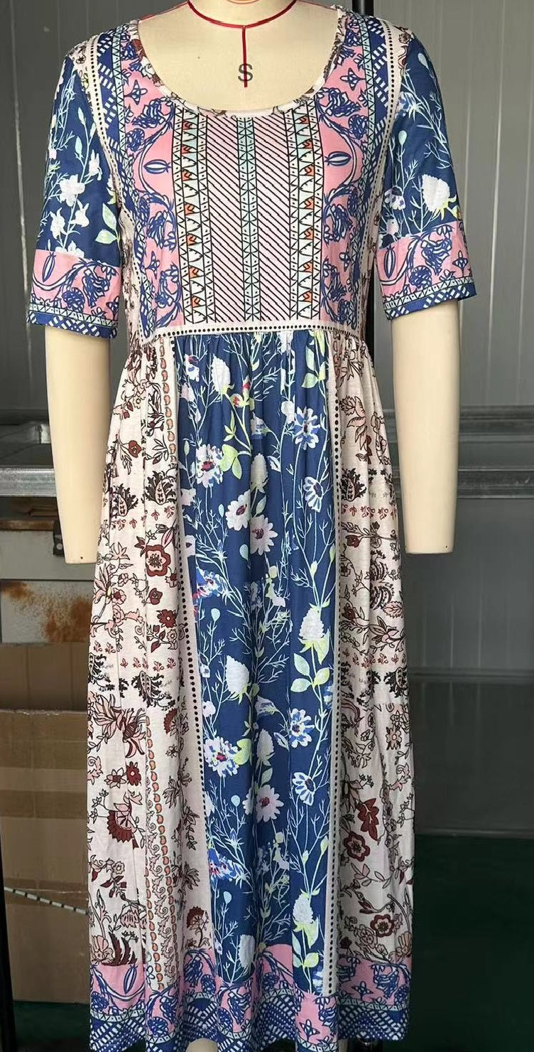 flowersverse V-Neck Floral Print Loose Casual Long-Sleeved Shift Dress