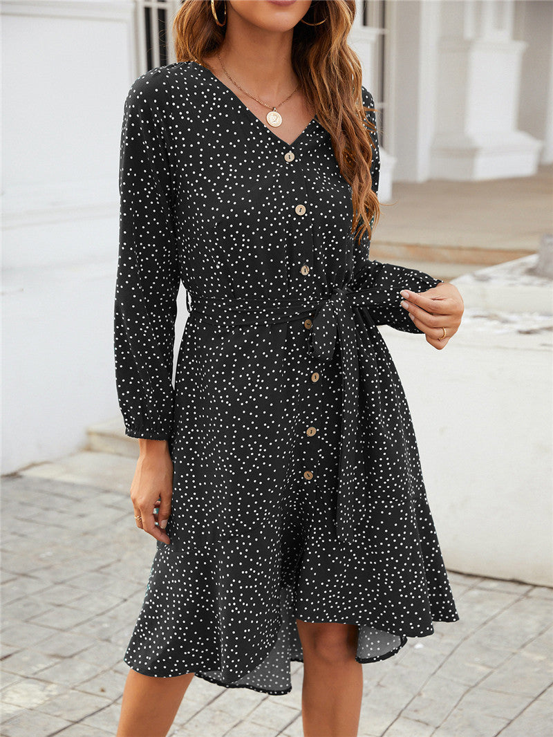 flowersverse Polka Dot V-neck Long-sleeved Ruffled One-breasted Casual Dress
