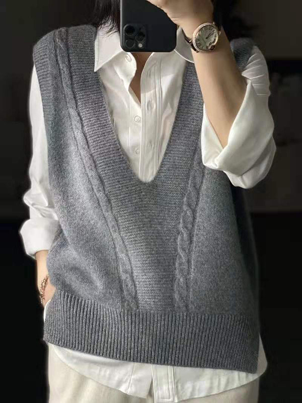 flowersverse Casual Loose Knitting Sleeveless Solid Color V-Neck Vest Top