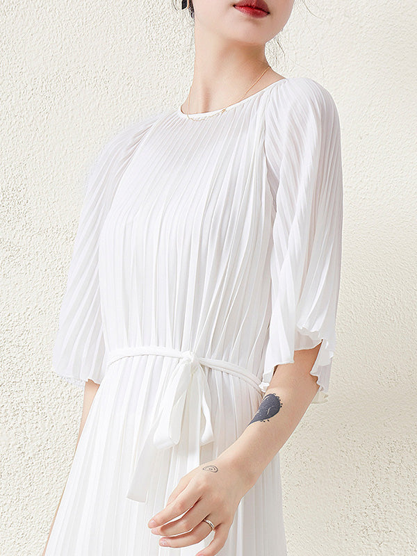 flowersverse Loose Pleated With Waistband Solid Color Round-Neck Maxi Dresses