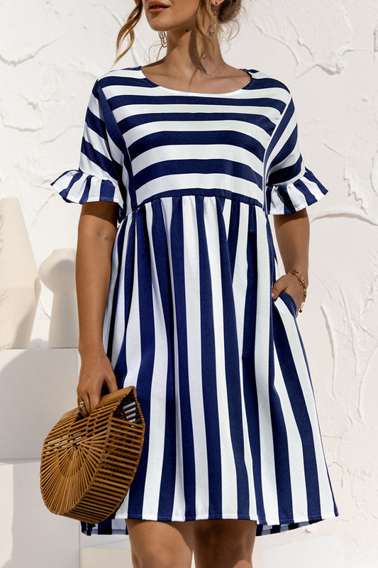 flowersverse Fashion Casual Striped Patchwork O Neck A Line Dresses
