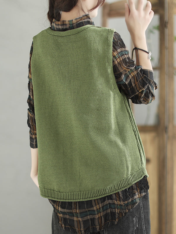 flowersverse Casual Loose Sleeveless Buttoned Hollow Solid Color V-Neck Vest Outerwear