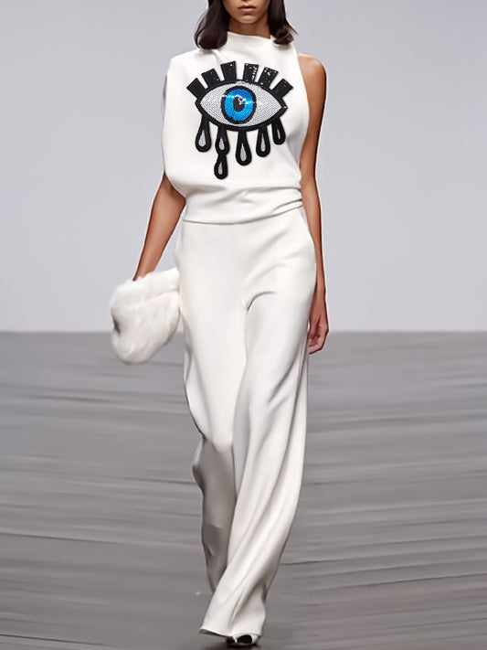 flowersverse Applique Asymmetric Embroidered Figure Mock Neck Blouses&Shirts Tops