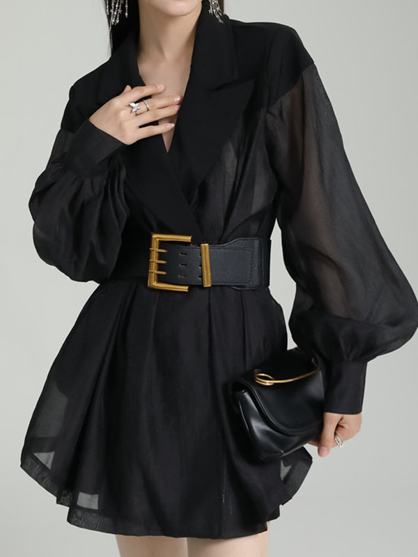 flowersverse See-Through Split-Joint Tied Waist Loose Puff Sleeves Lapel Blouses&Shirts Tops
