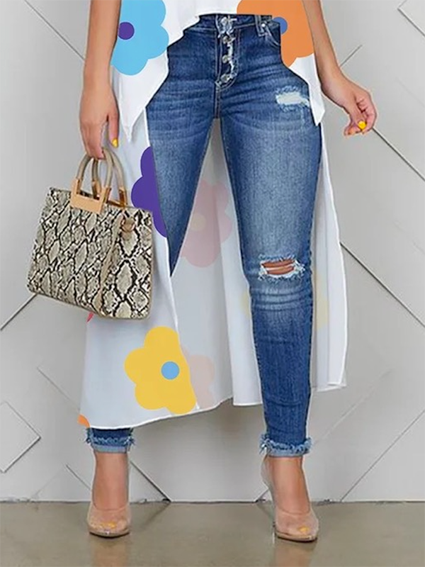 flowersverse High-Low Loose Contrast Color Floral Printed Round-Neck Vest Top