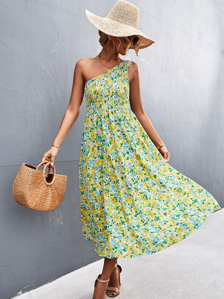 flowersverse Fashionkova Summer Maxi Boho Dress Women One Shoulder Long Floral Dress Ladies Elegant Print Bohemian Flower Dress For Women