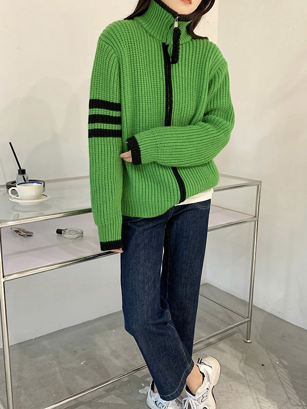 flowersverse Casual Contrast Color Zipper High-Neck Cardigan Tops
