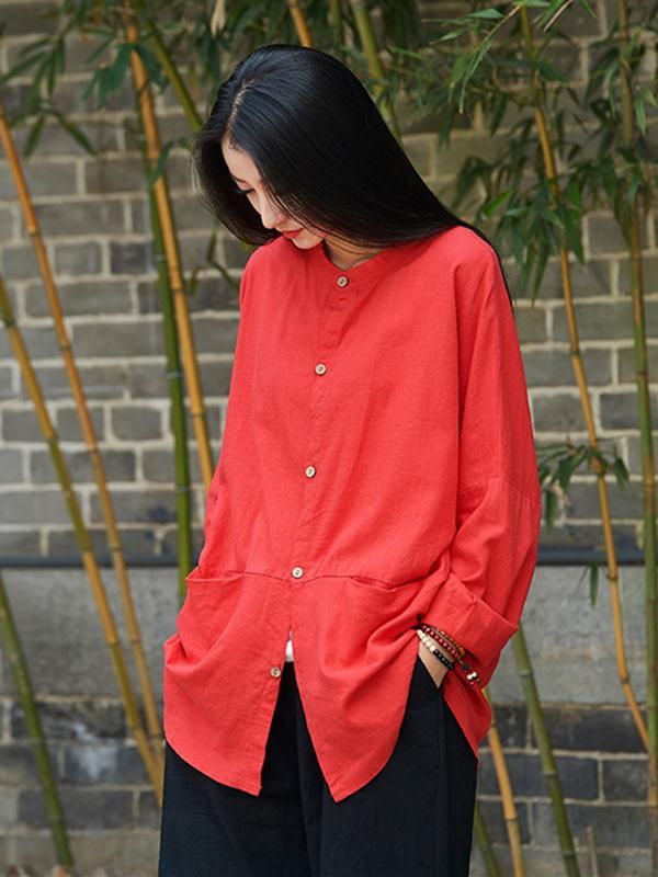 flowersverse Soft Red Ramie Cotton Blouse Outwear