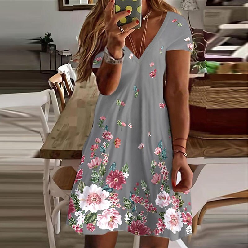 flowersverse Women's Plus Size Curve A Line Dress Floral V Neck Short Sleeve Spring Summer Casual Short Mini Dress Causal Daily Dress