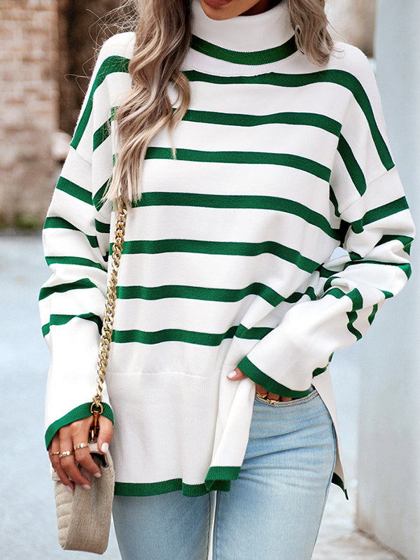 flowersverse Contrast Color Split-Side Striped Long Sleeves Loose High Neck Sweater Tops Pullovers
