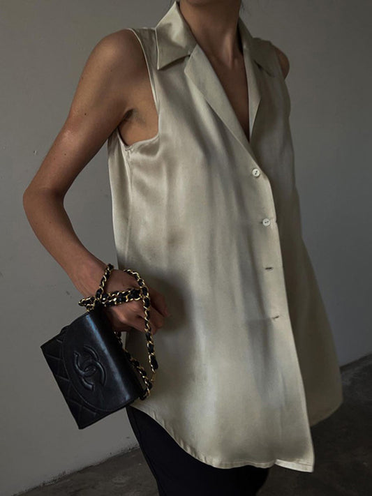 flowersverse Solid Color Split-Joint Loose Sleeveless Lapel Vest Top