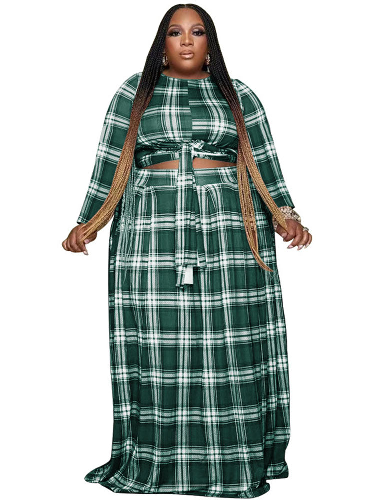 flowersverse Two Piece Plaid Crop Top Maxi Skirt Plus Size Set