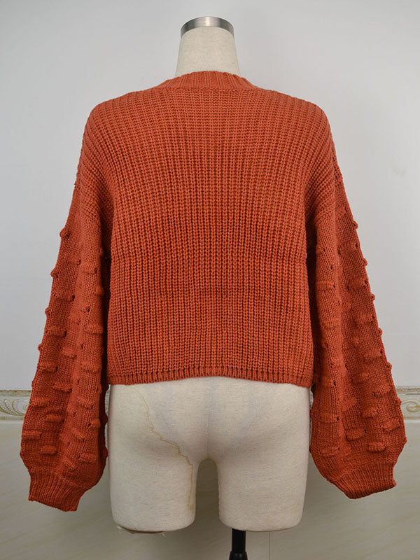 flowersverse Trendy Tops Puff Sleeves Loose Solid Color Round-Neck Sweater Tops