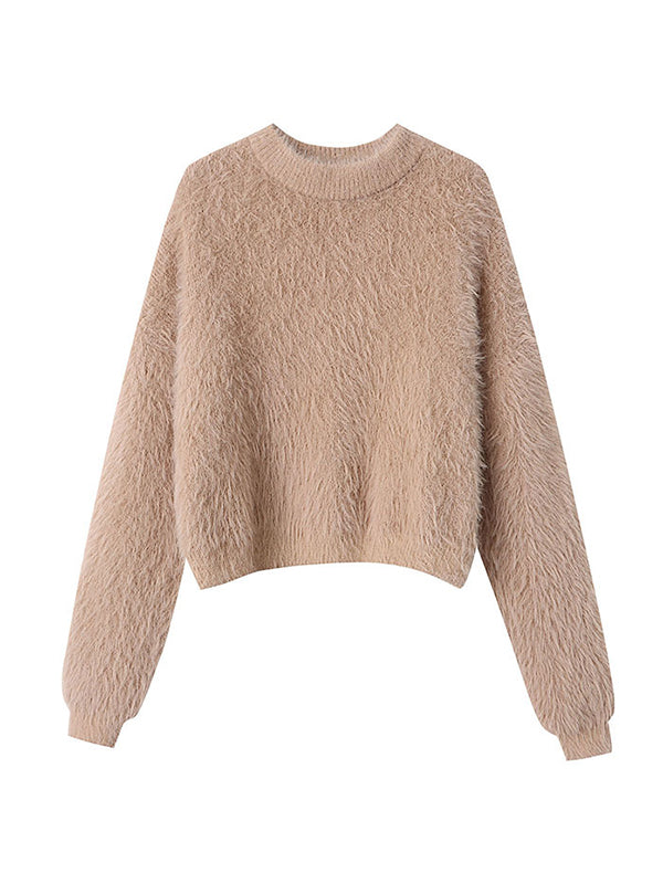 flowersverse Simple Loose Long Sleeves Solid Color Round-Neck Sweater Tops