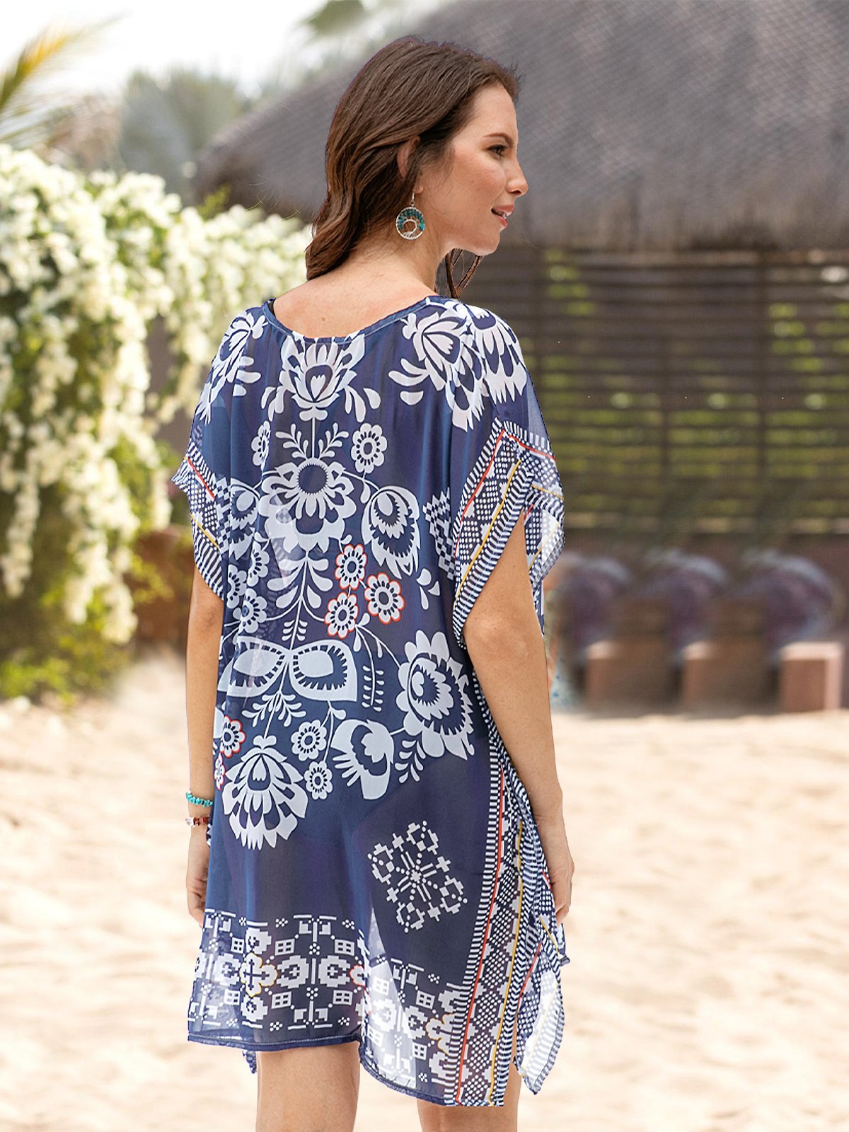 flowersverse Women V Neck Chiffon Boho Allover Bikini Cover Weaving Dress