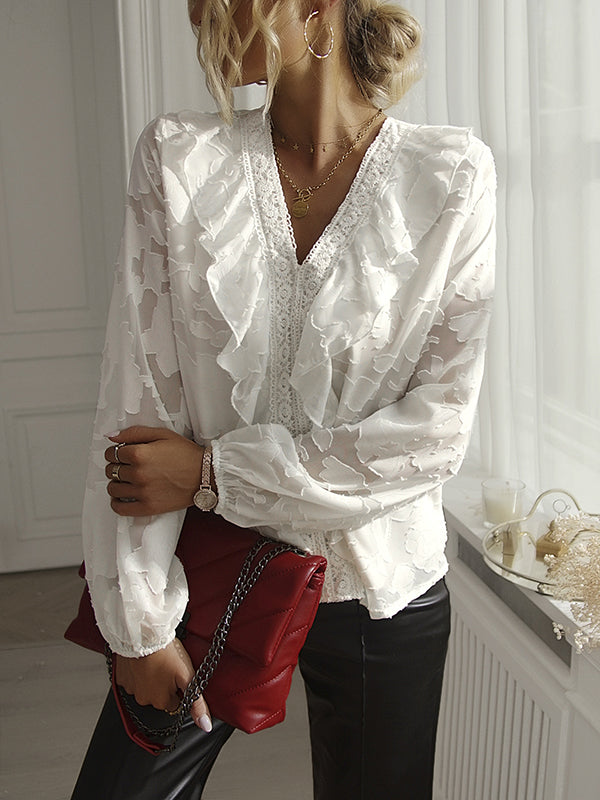 flowersverse Casual Loose Long Sleeves Hollow Solid Color V-Neck Top