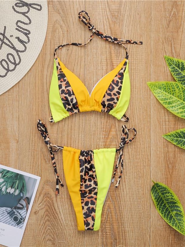 flowersverse Women's Swimwear Bikini Normal Swimsuit 2 Piece Printing Leopard Color Block Black and white color matching yellow color matching Bathing Suits Sports Summer