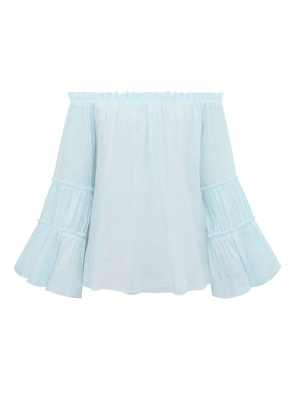 flowersverse Urban Solid Color Pleated Puff Sleeves Off-The-Shoulder Blouse