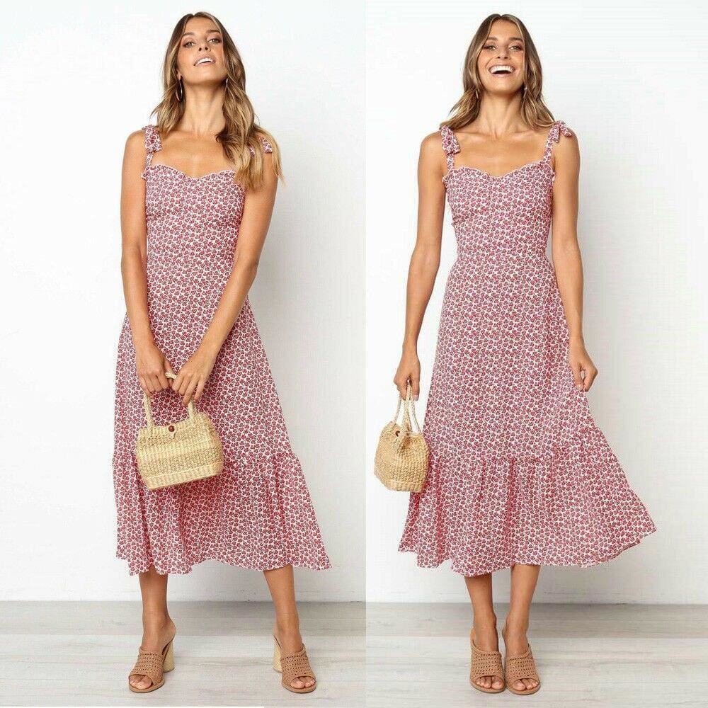 flowersverse Fashion Women Summer High Waist Dress New Ladies Boho Floral Sleeveless Dress Holiday Summer Party Beach Sundress