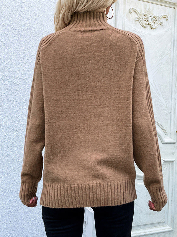 flowersverse Stylish Long Sleeves Loose Solid Color High-Neck Sweater Tops