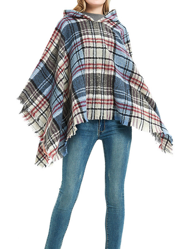 flowersverse Fringed Hooded Keep Warm Plaid Shawl&Cloak Cape