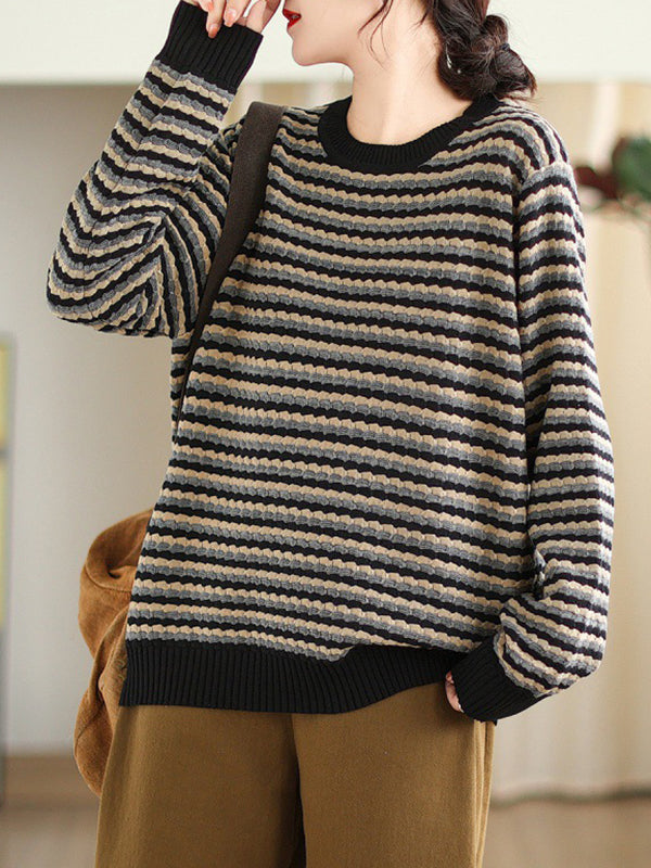 flowersverse Contrast Color Jacquard Velvet Long Sleeves Loose Round-Neck Sweater Tops Pullovers