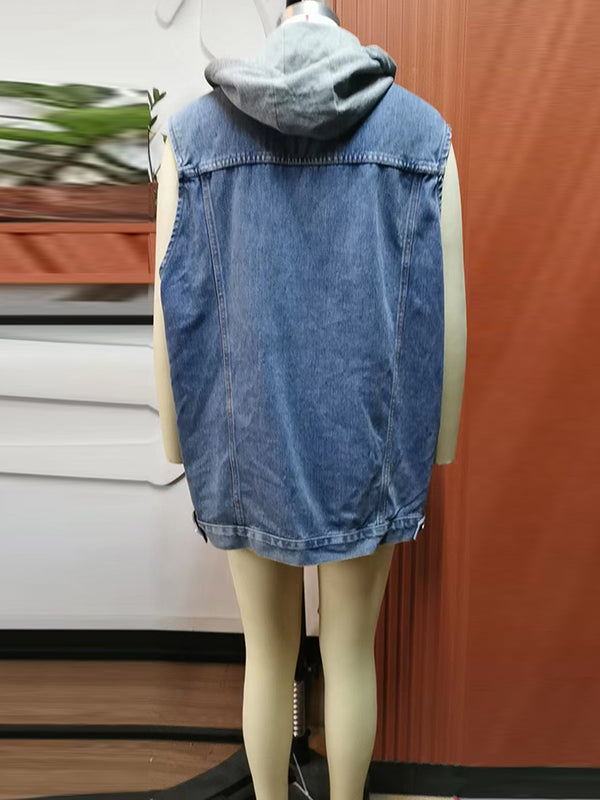 flowersverse Buttoned Detachable Drawstring Hooded Pockets Split-Joint Loose Sleeveless Polo Vest Outerwear