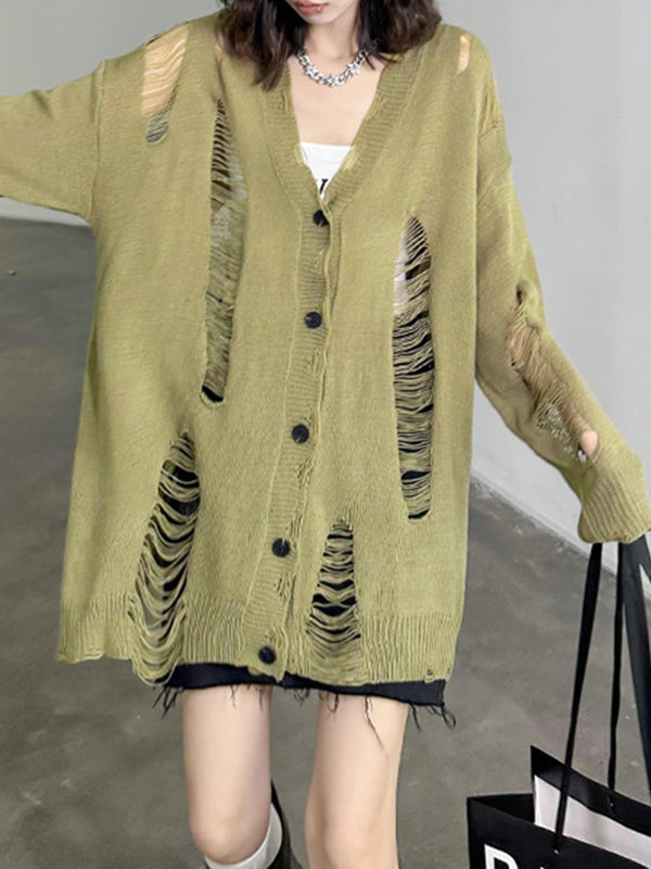 flowersverse Hollow Split-Joint Long Sleeves Loose V-Neck Cardigan Coats