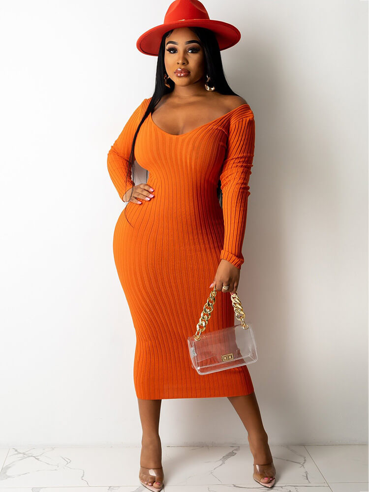 flowersverse Ribbed Knit Solid Color Long Sleeve Bodycon Dresses