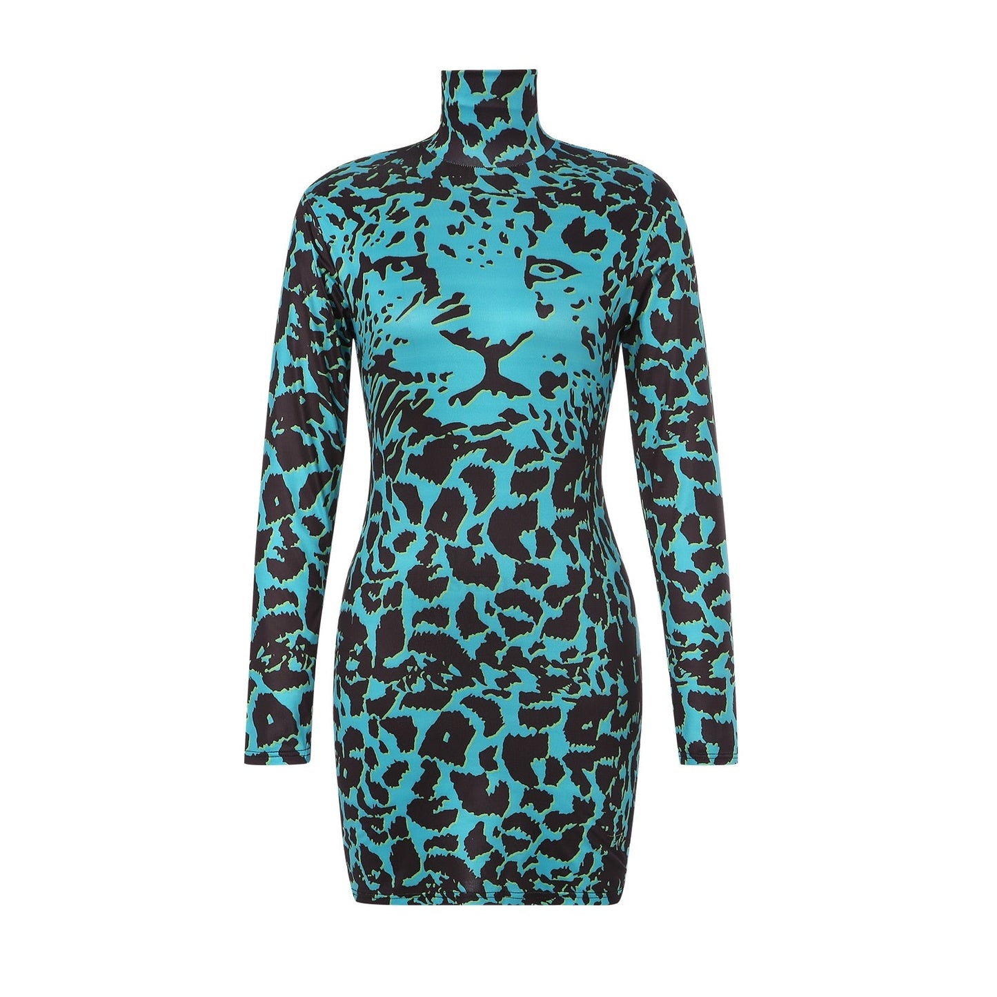 flowersverse Fashionkova Women Sexy Tight Dress Long Sleeve High Neck Tiger Skin Wrapped Fall Spring Tight Mini Dress Ladies Party Club Dress