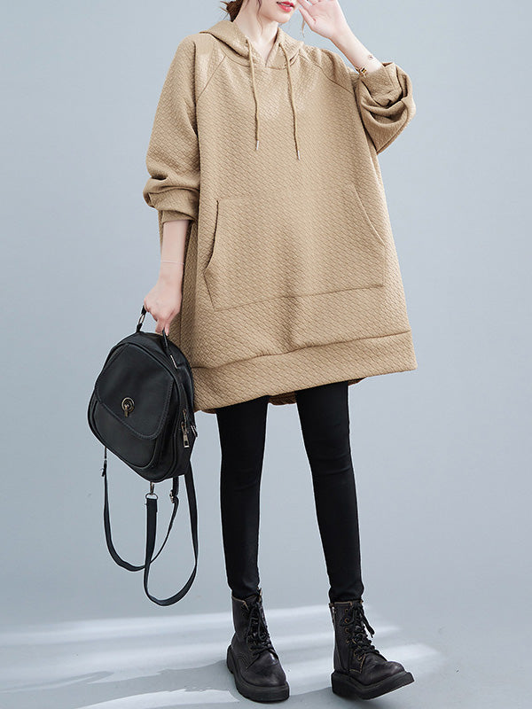 flowersverse Buttoned Drawstring Pockets Solid Color Split-side High-low Long Sleeves Hooded Hoodies Tops